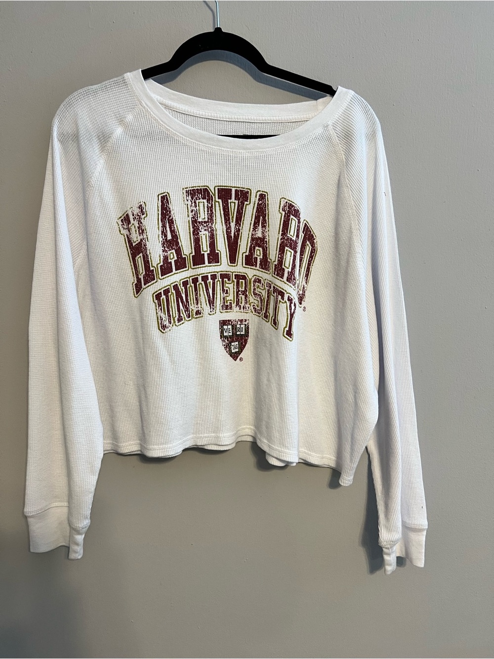 Forever 21 White Long Sleeve Cropped Thermal Top with Harvard Logo | Woman’s 3X